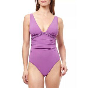 Profile By Gottex One-Piece Swimsuit V-Neck Purple Women's Size 14 New With Tag